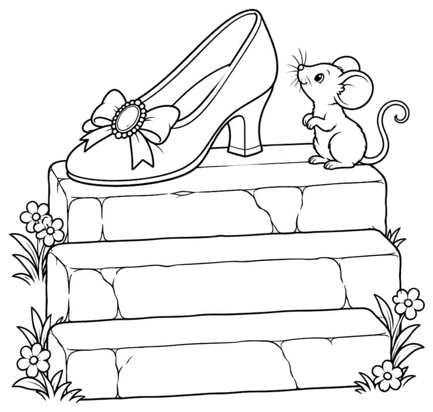 Coloring page of a princess slipper on stone steps with a small mouse