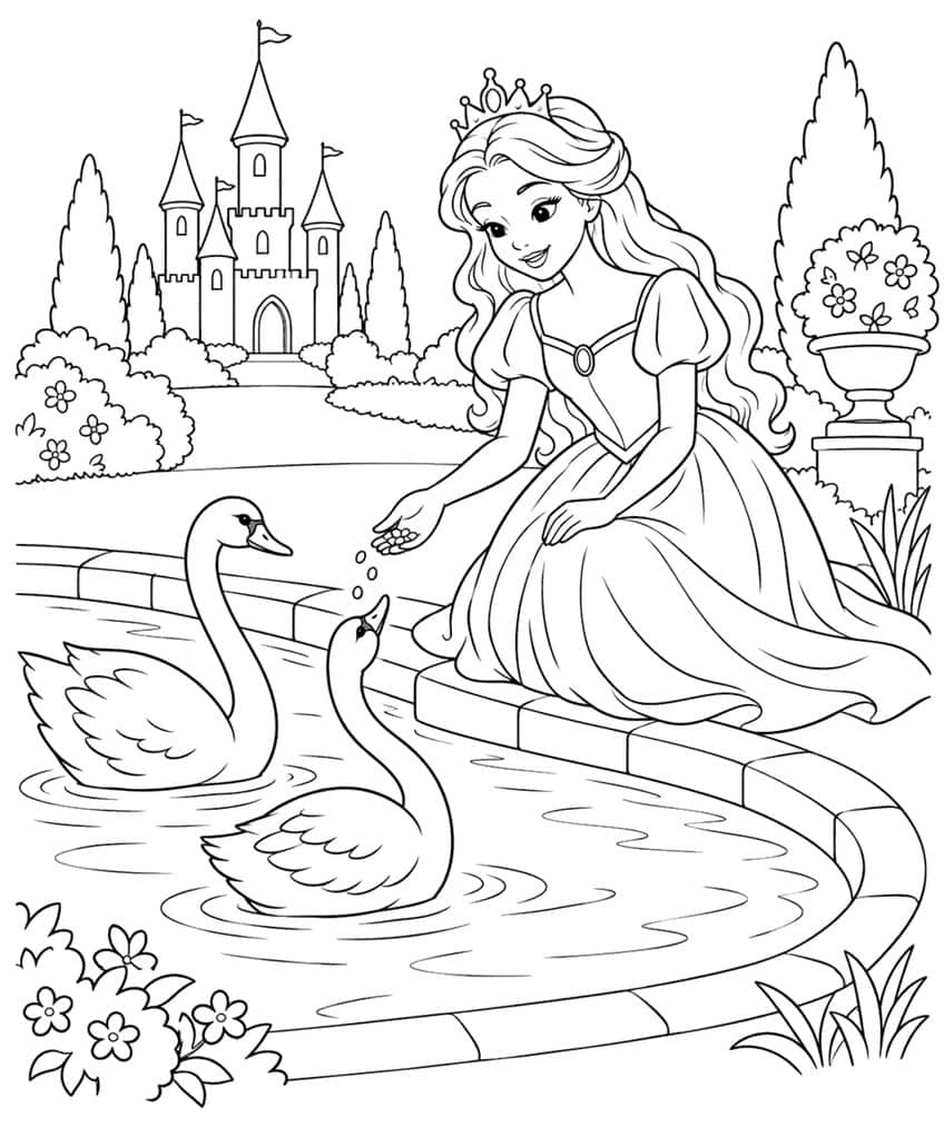 Princess kneeling at a pond feeding two swans, castle in the background