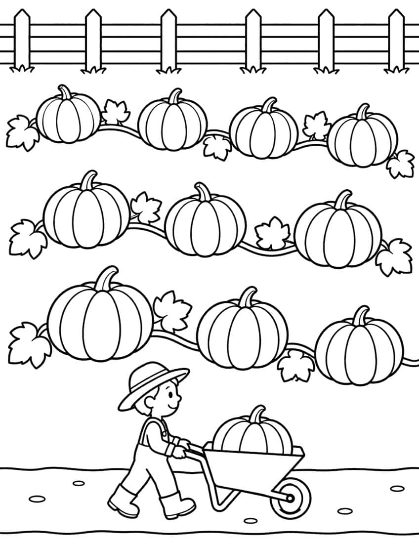 Boy with a wheelbarrow and pumpkin walking below three vine rows of ridged pumpkins and a fence