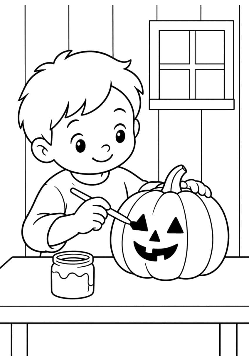 Smiling boy painting a jack-o'-lantern face on a ribbed pumpkin, paint jar, table and window