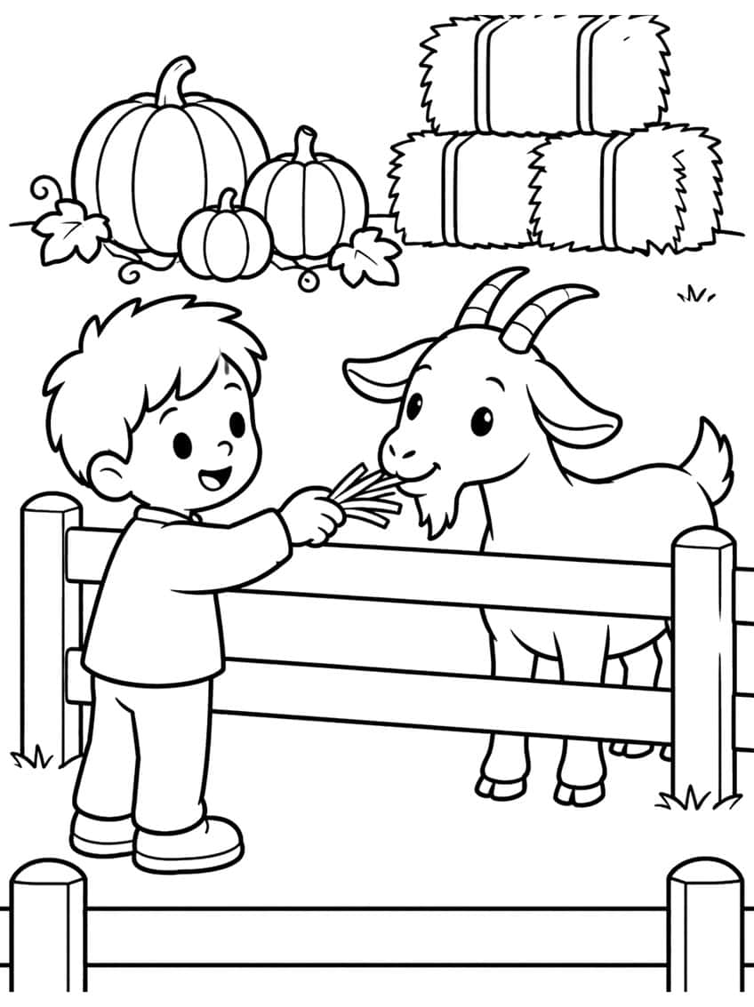 Boy holding straw out to a horned goat behind a fence, with three pumpkins and hay bales behind them