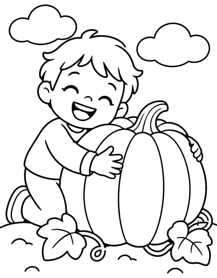 Laughing boy hugging a large ribbed pumpkin, with two clouds, vine leaves and grass tufts