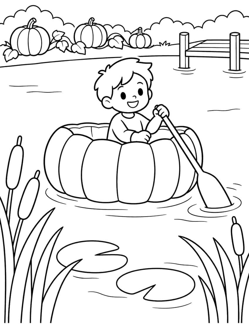 Boy paddling a hollow pumpkin boat on a pond with cattails, lily pads, a dock and pumpkins on the bank