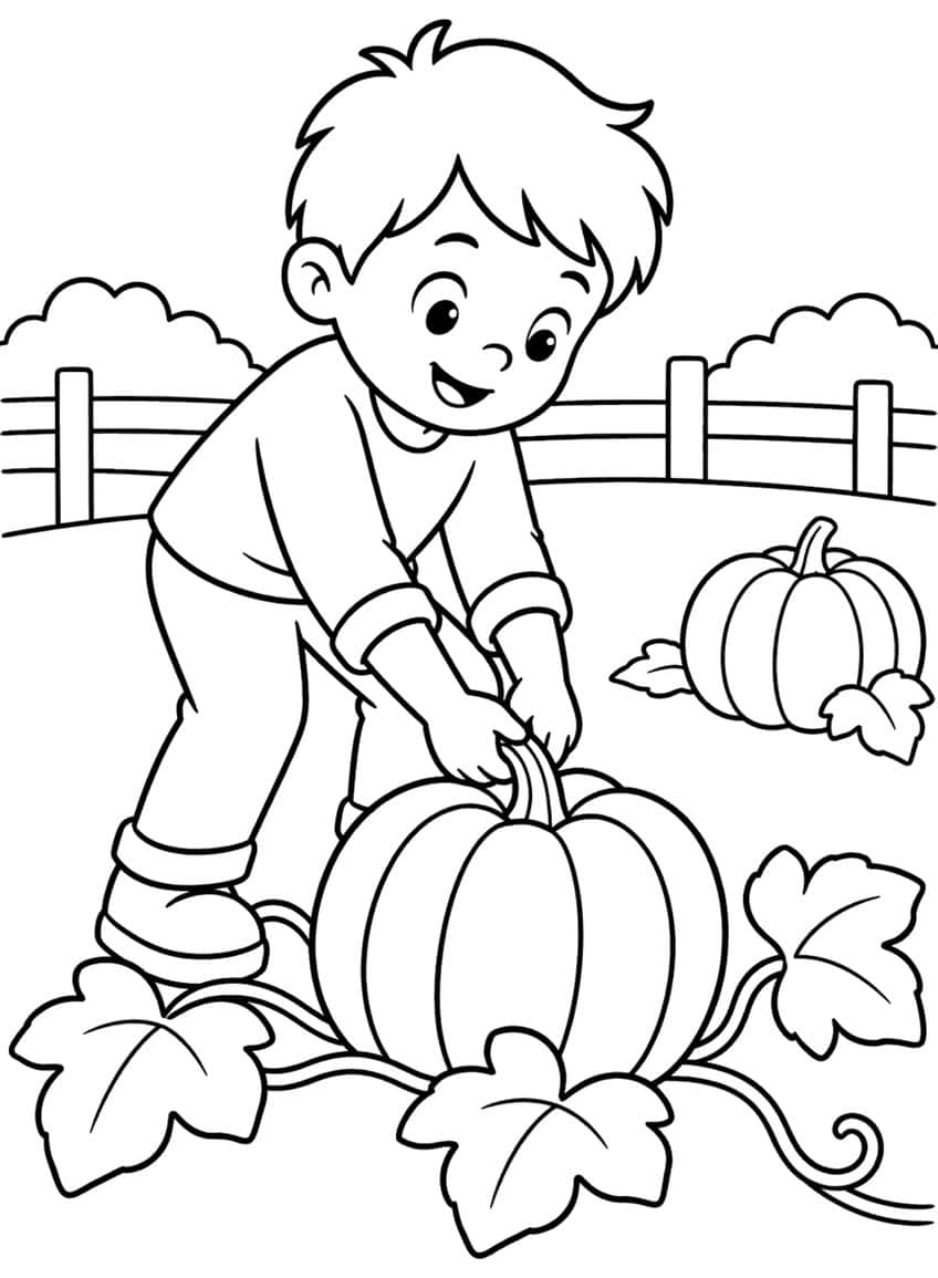 Boy bending to twist a big pumpkin from its vine, with leaves, a small pumpkin and a fence behind