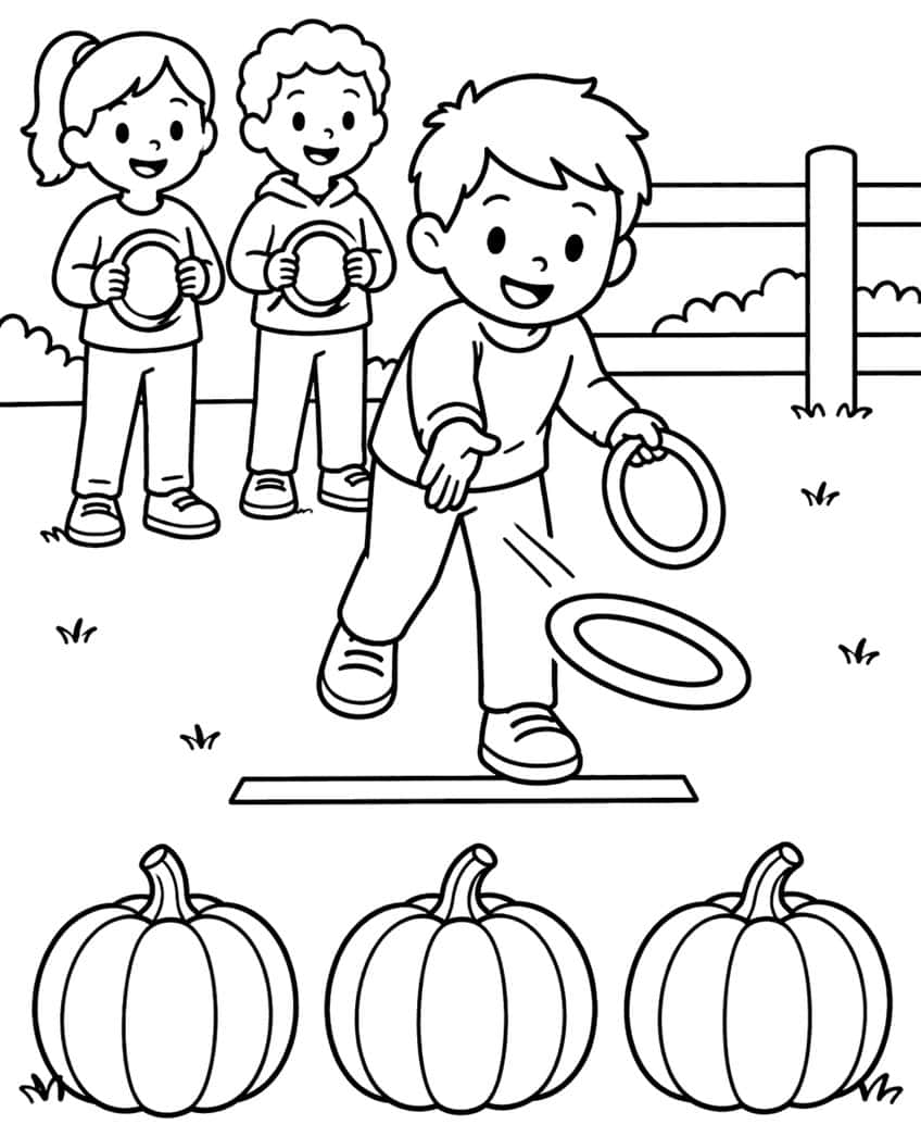 Boy tossing a ring toward three ribbed pumpkins while two children with rings watch by a fence