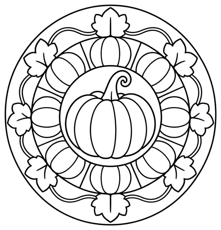 Circular mandala with a central pumpkin, eight small pumpkins and eight maple leaves joined by vines