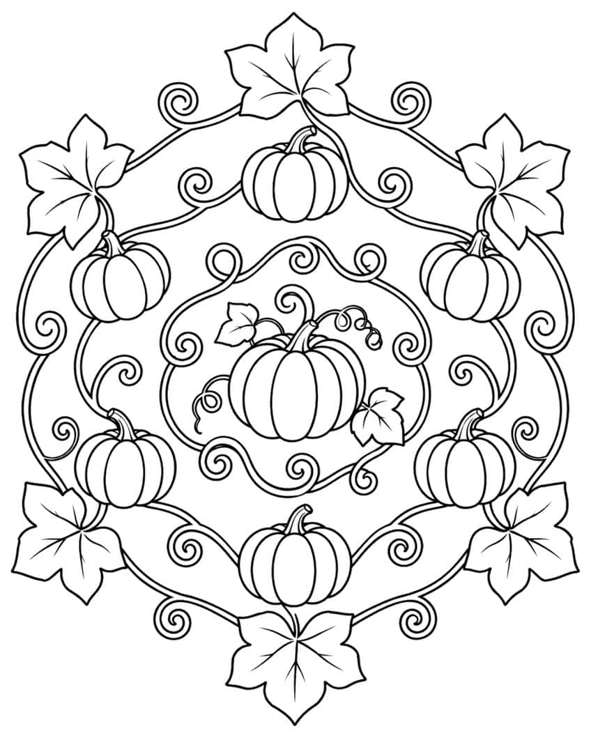 Symmetrical medallion of seven ribbed pumpkins, six leaves and curling vine swirls