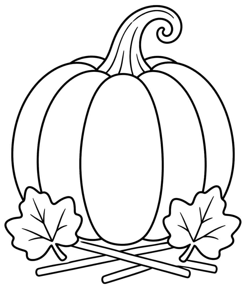 Large ridged pumpkin with curly stem, two maple leaves and crossed sticks at the bottom