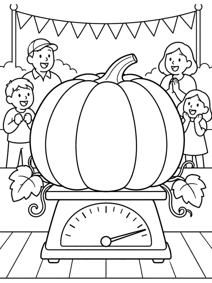 Giant pumpkin on a dial scale with four cheering people, bunting and vine leaves