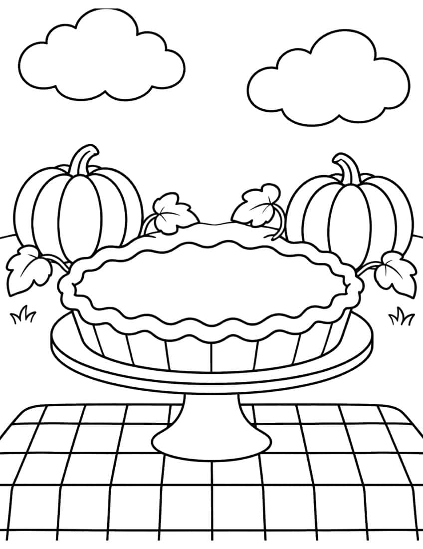 Pumpkin pie on a cake stand on a checkered cloth, two pumpkins, leaves and clouds