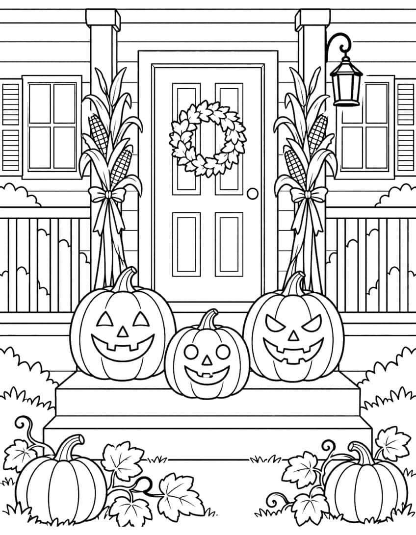 Three jack-o'-lanterns on porch steps by a wreathed door, corn bundles, lantern and pumpkin vines