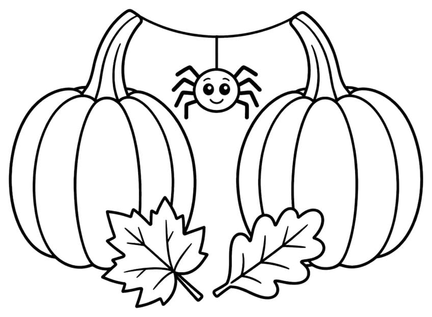 Smiling spider hanging between two ridged pumpkins with a maple leaf and an oak leaf