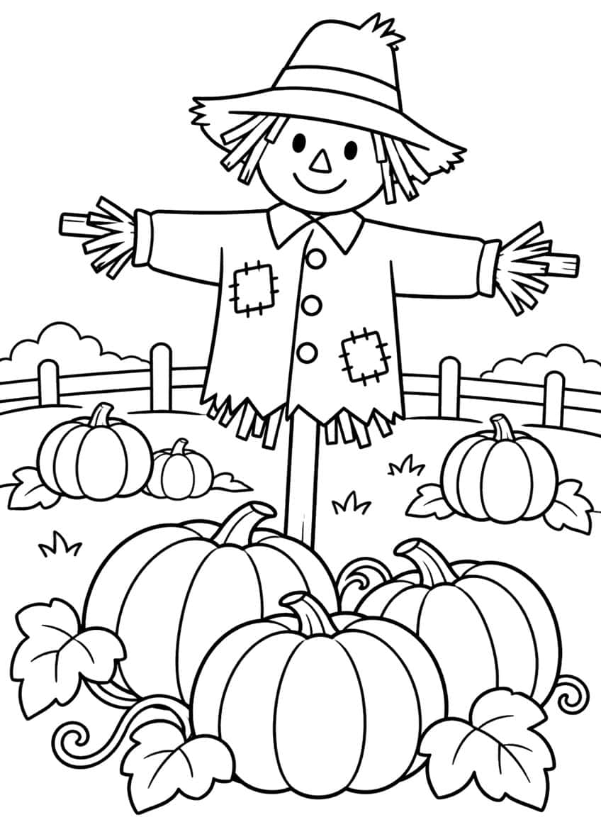 Scarecrow with straw hat and patched shirt standing behind large pumpkins, leaves and a rail fence