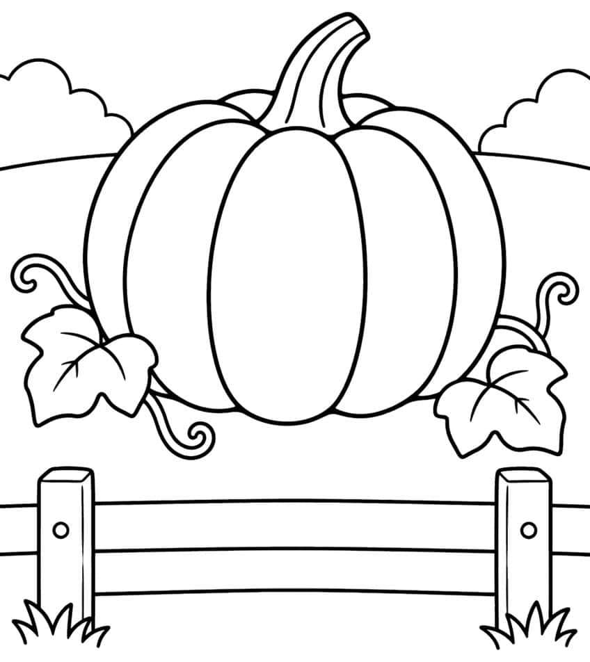 Large ridged pumpkin with stem, two leaves and curly vines, hills, clouds and a wooden fence