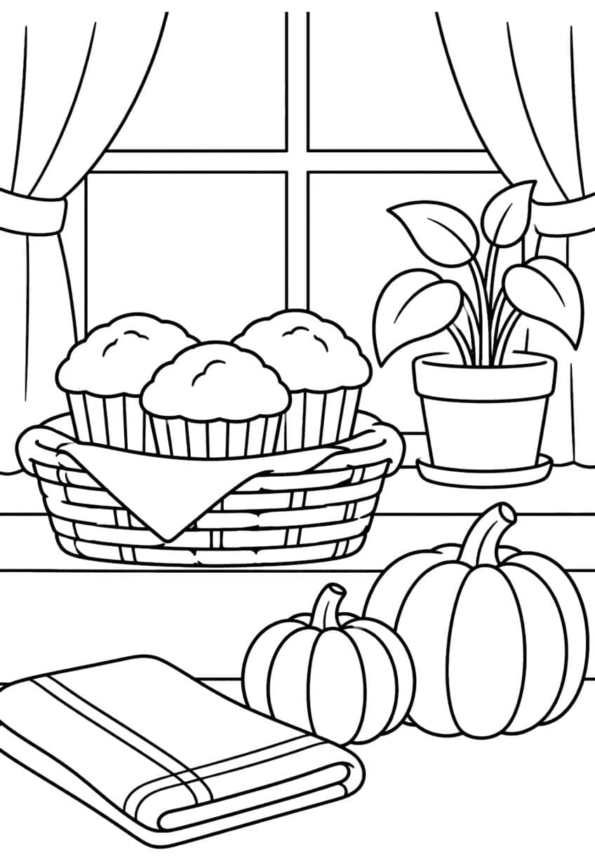Basket of three muffins, potted plant, two pumpkins and folded towel by a curtained window