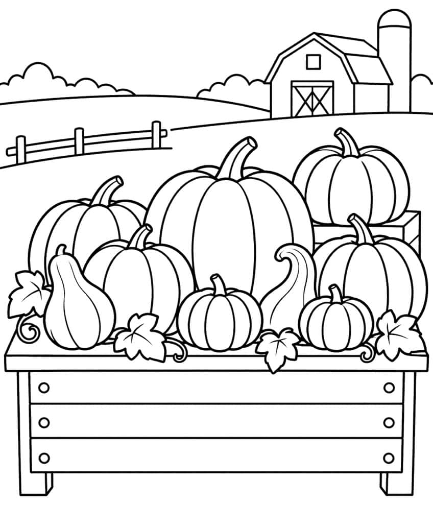 Pile of pumpkins and gourds on a wooden stand with vine leaves, a barn, silo and fence behind