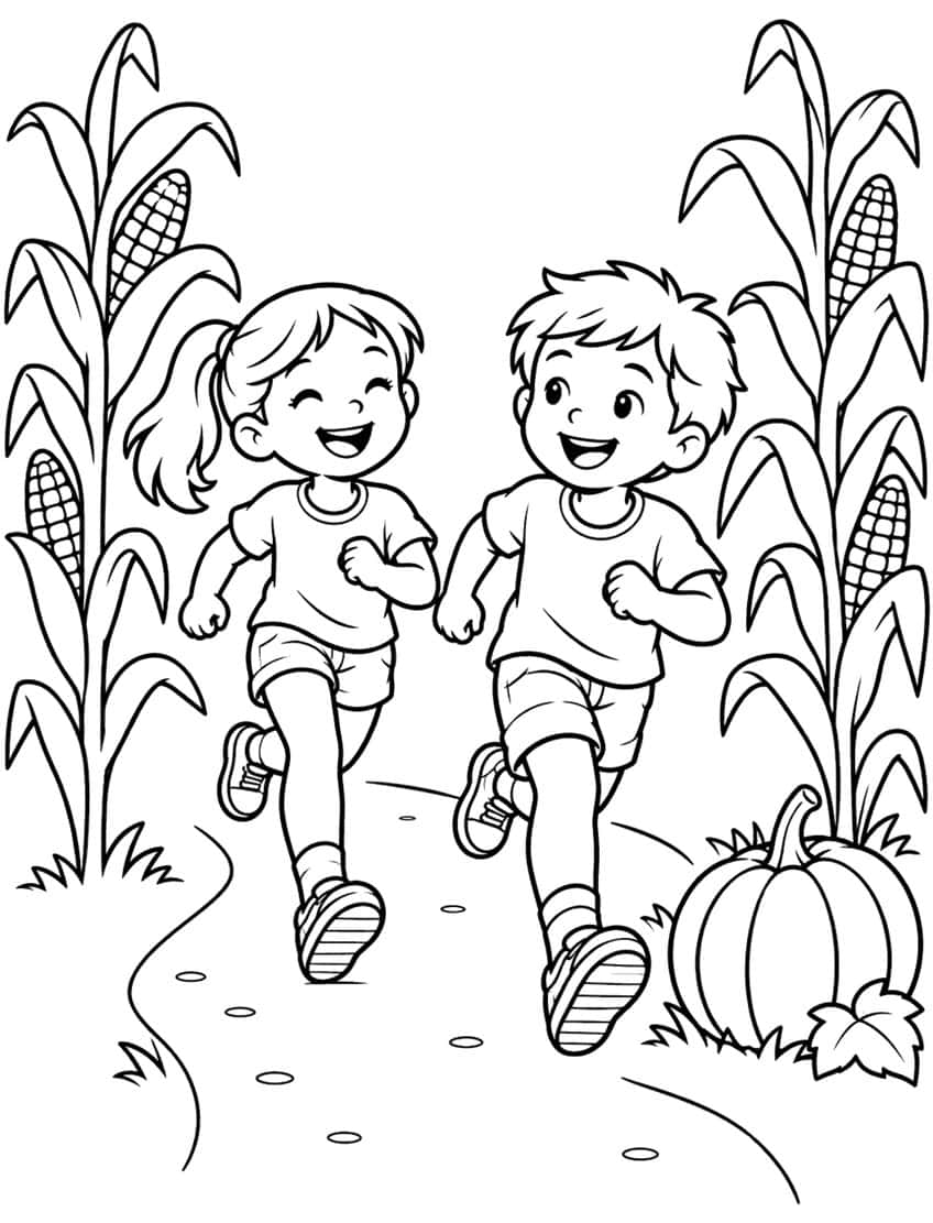 Girl and boy running on a path between cornstalks with corn ears and a pumpkin