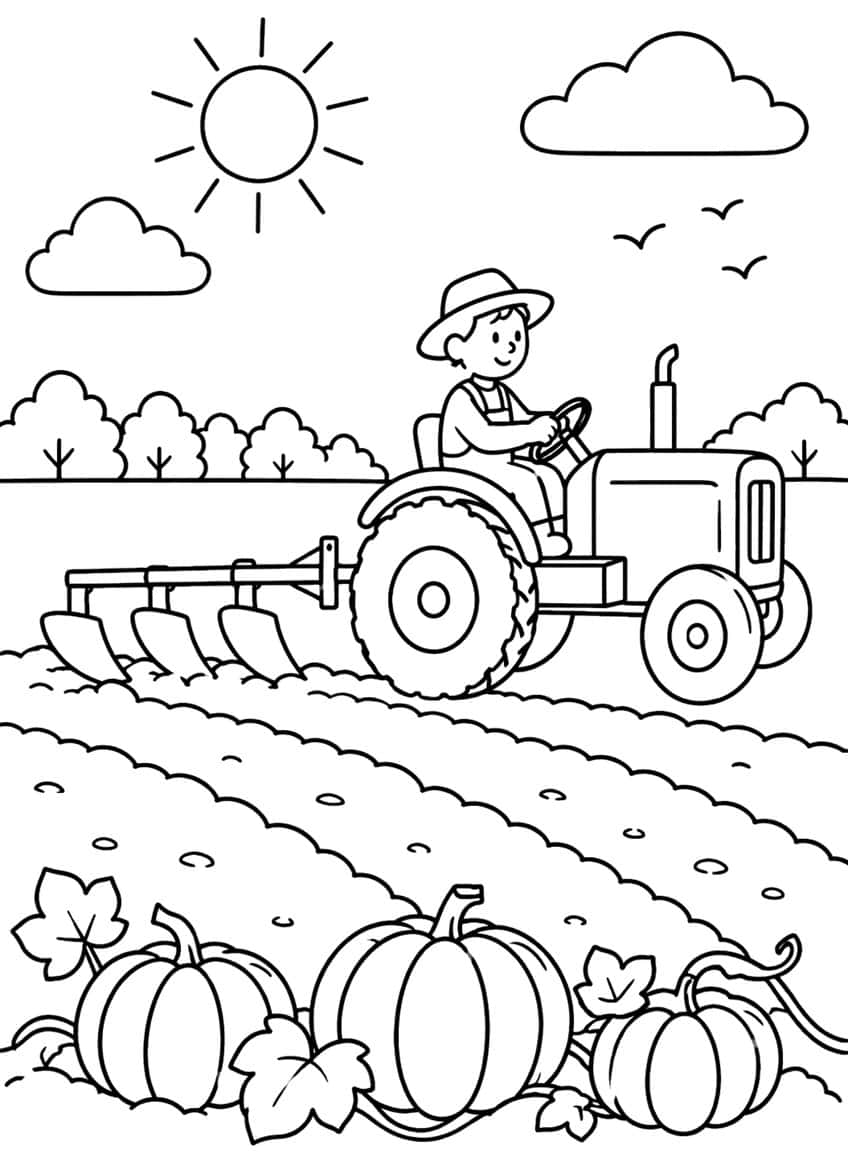Farmer driving a tractor with a three-blade plow over furrows, with three pumpkins, sun, clouds and trees