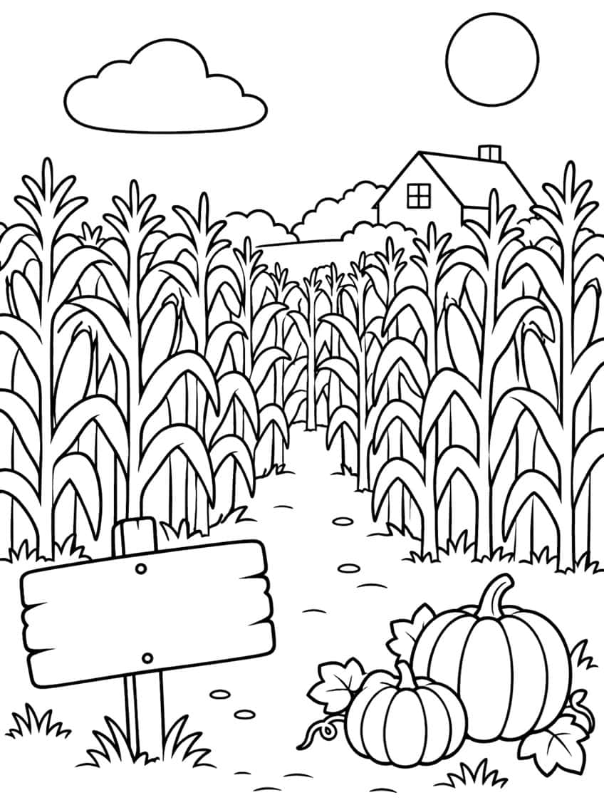 Path through tall corn stalks to a farmhouse, blank wooden sign, two pumpkins, sun and cloud