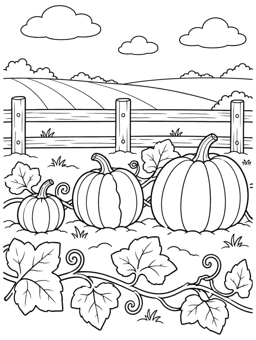 Small, medium and large ridged pumpkins by a rail fence with a leafy vine, clouds and hills