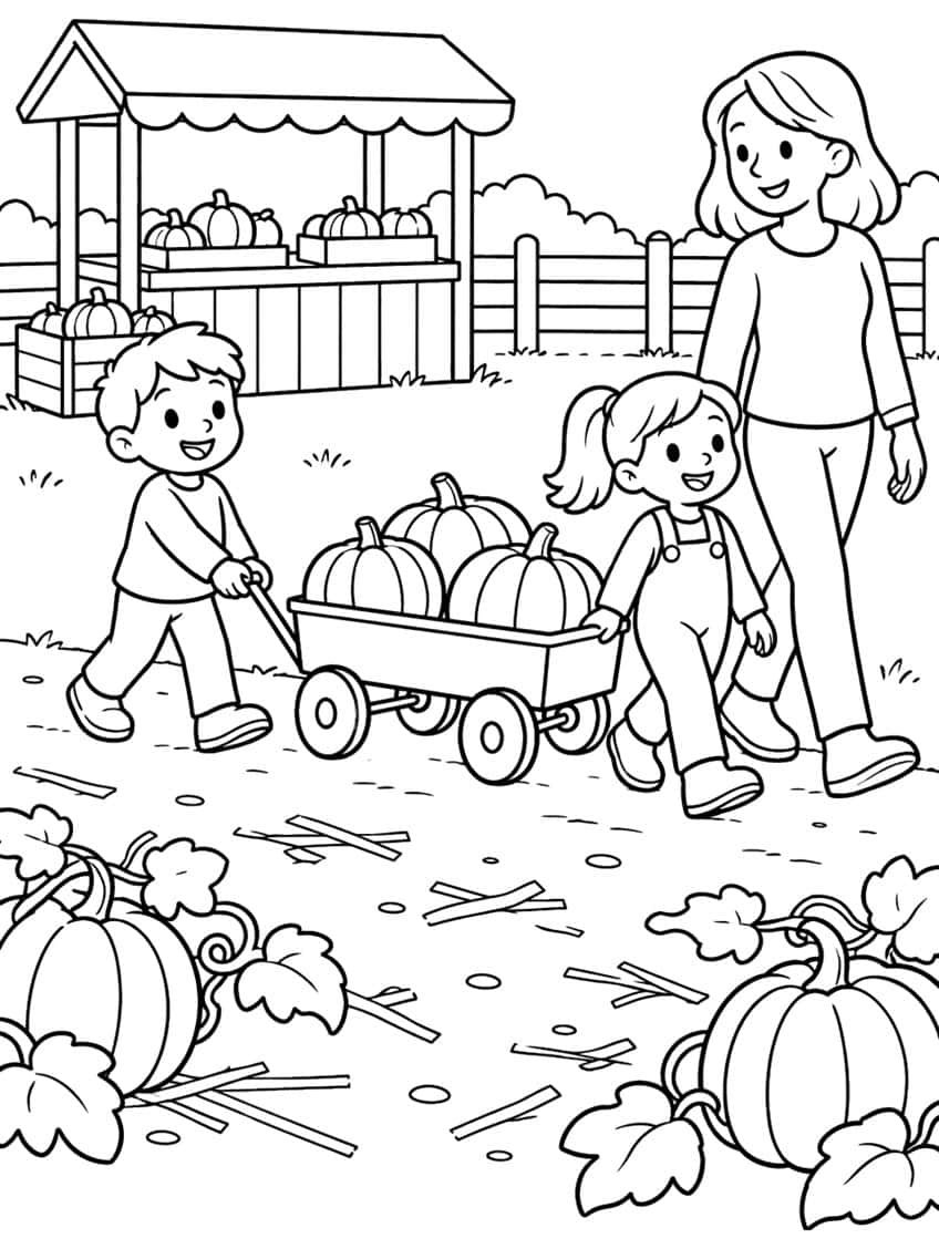 Boy and girl pulling a wagon of three pumpkins with a woman, pumpkin stand, fence and vines