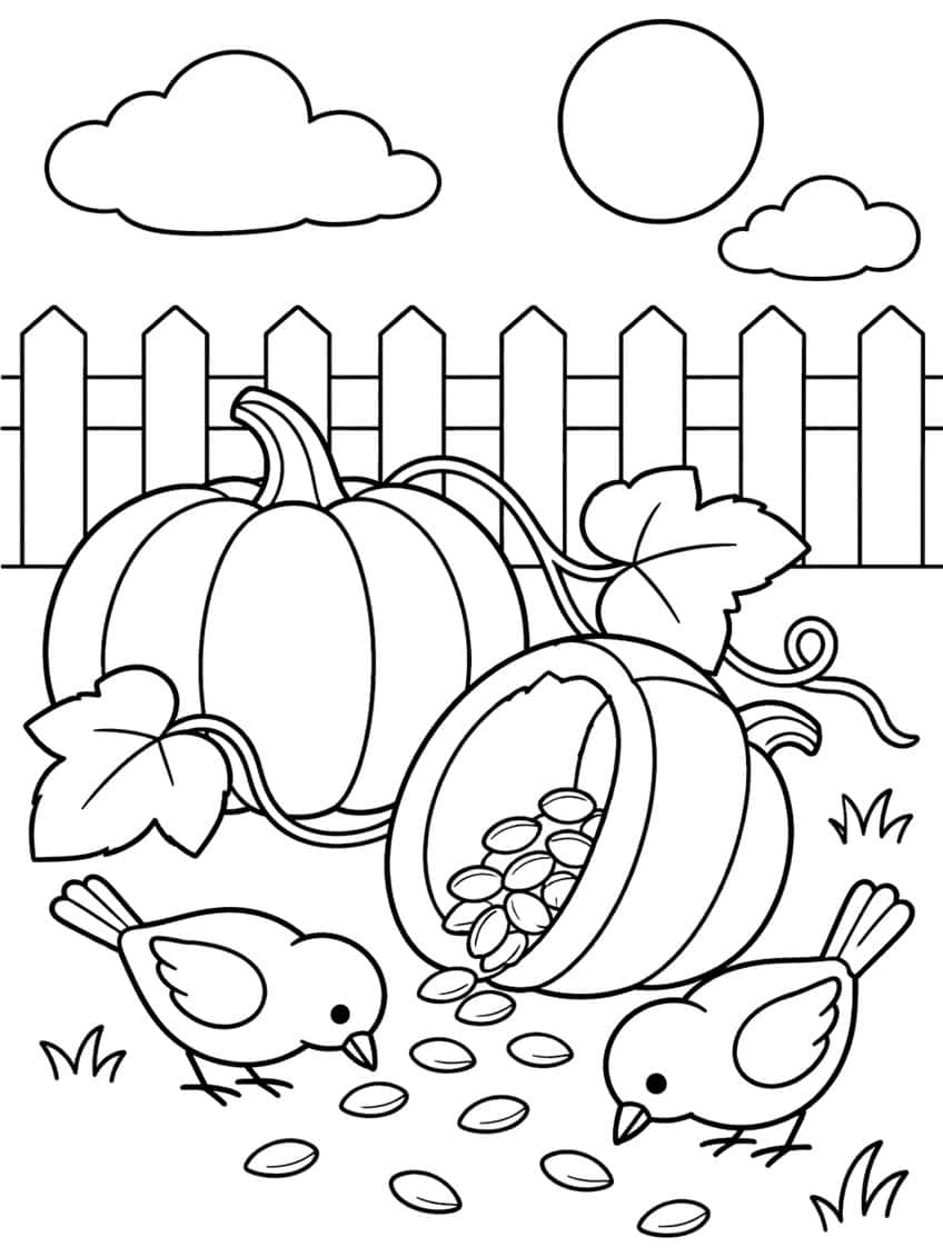Two small birds eating seeds beside a split pumpkin, a whole pumpkin, picket fence, clouds and sun