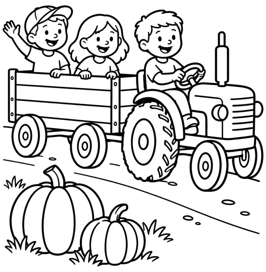 Three kids in a wooden wagon pulled by a tractor, with two pumpkins and grass beside the road