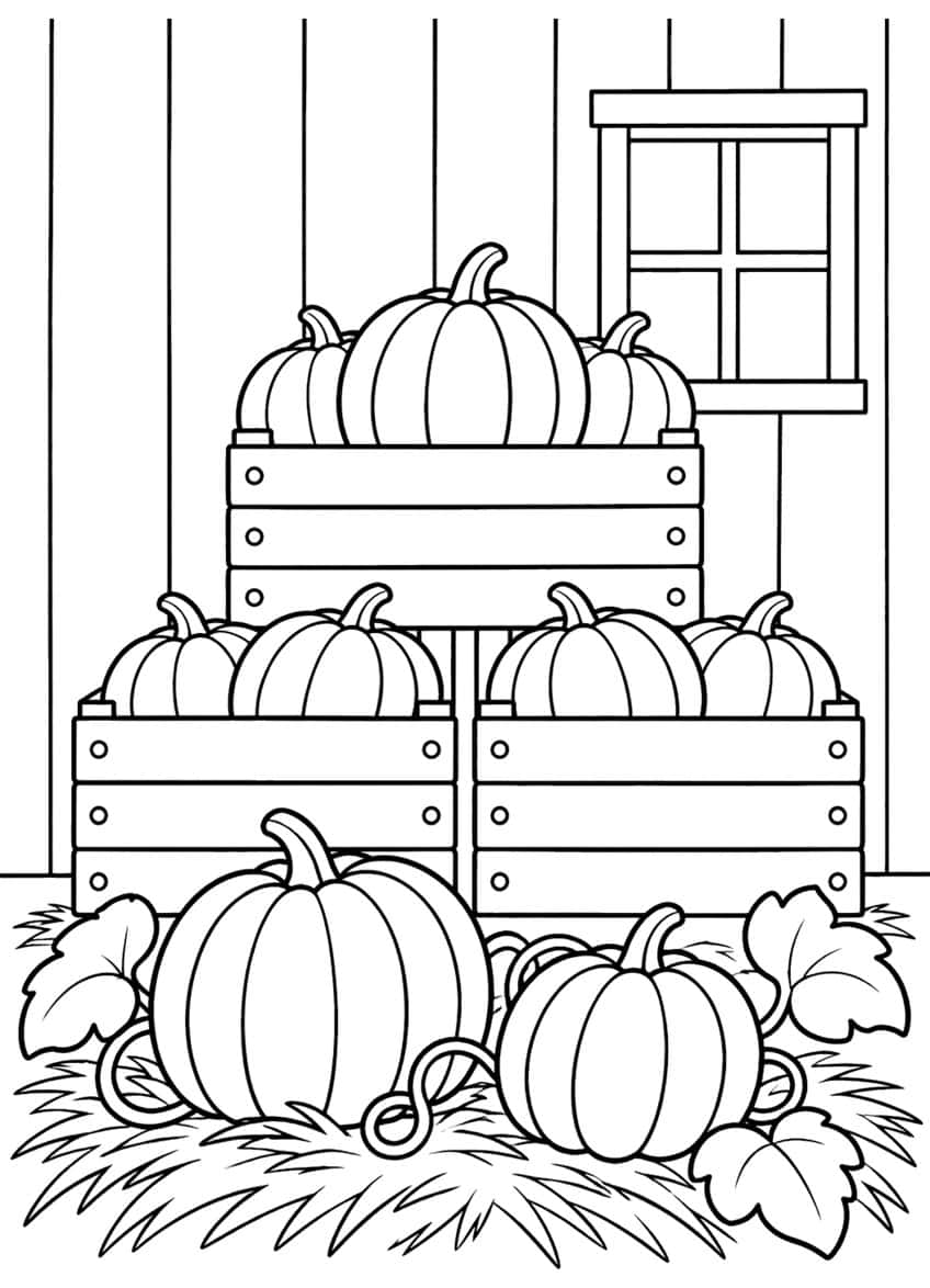 Three wooden crates of pumpkins stacked against a barn wall, with two large pumpkins, vines and straw in front