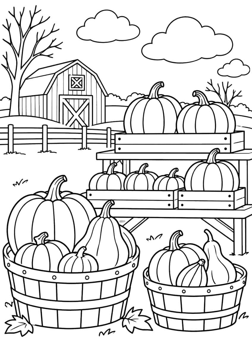 Wooden farm stand with pumpkin crates, two barrel baskets of pumpkins and gourds, barn, fence and bare tree