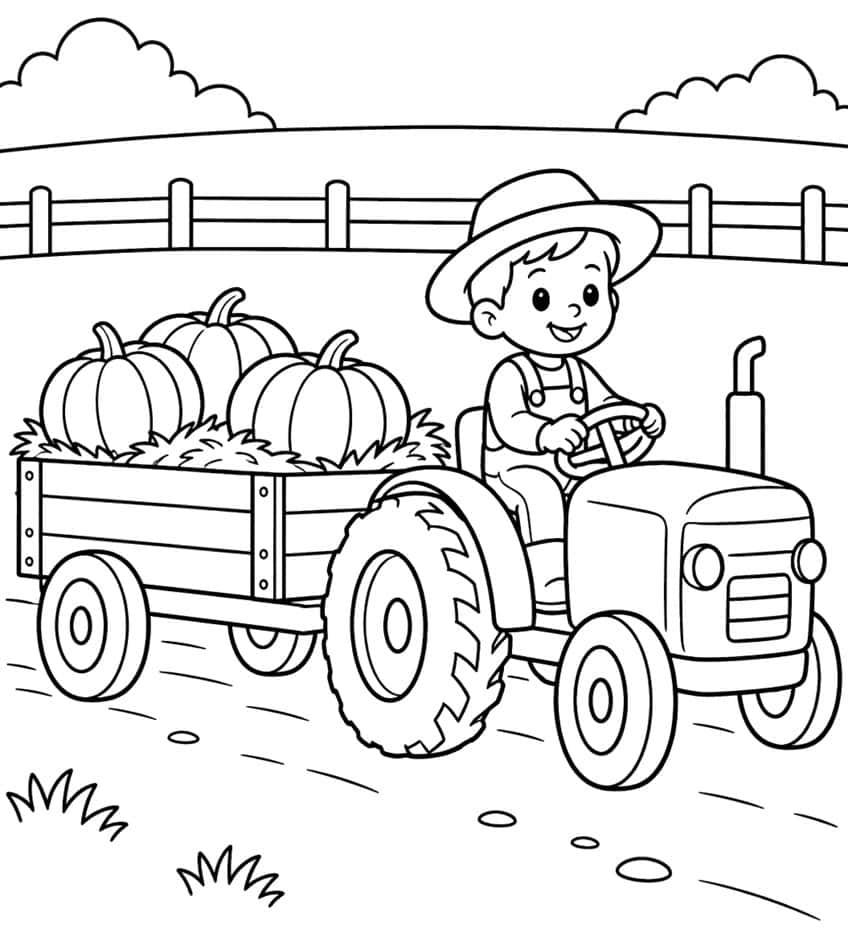Boy in straw hat driving a tractor towing a wagon of three pumpkins past a fence