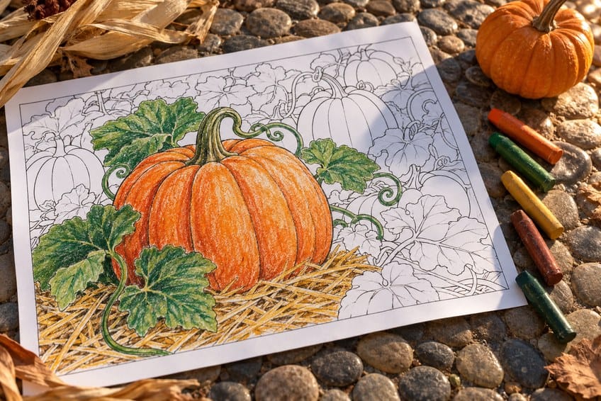 pumpkin patch coloring page partly colored in with pencils