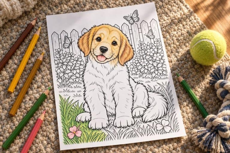 puppy coloring page partly colored in with pencils