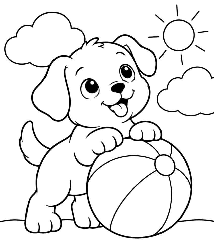 Puppy coloring page with a puppy leaning on a beach ball, clouds and sun