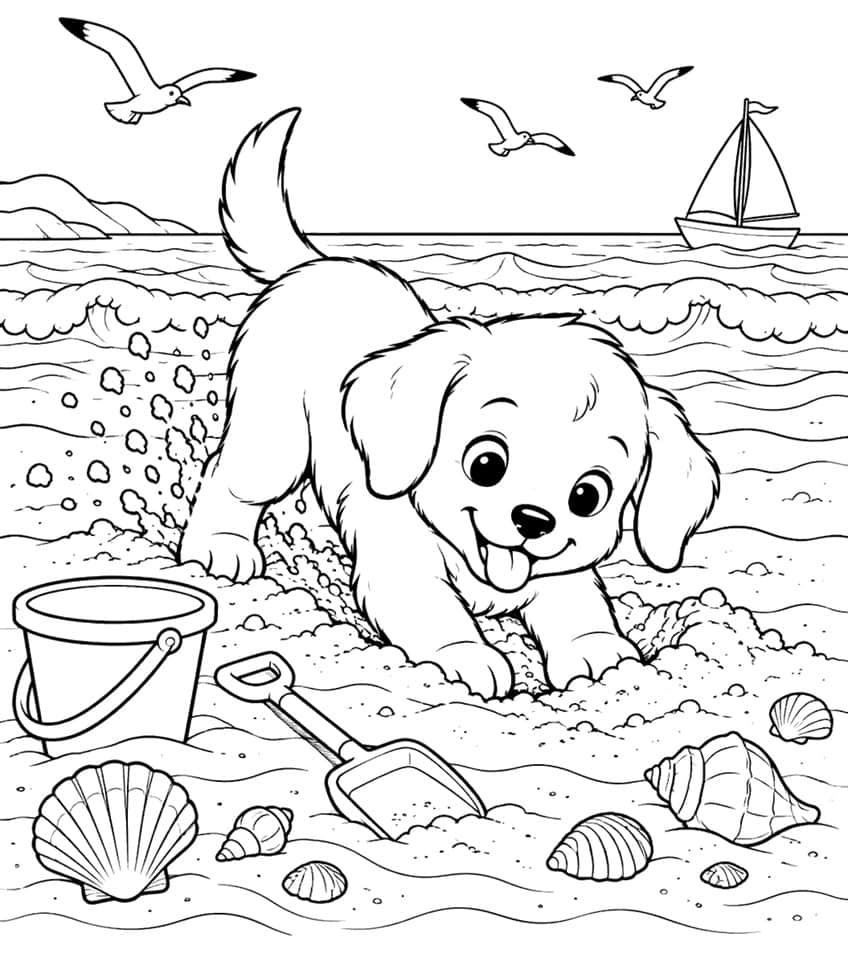 Coloring page of a puppy digging in beach sand with a bucket, shovel, seashells and a sailboat