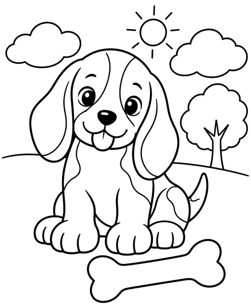 Coloring page of a beagle puppy sitting with a bone, with sun, clouds and a tree behind it
