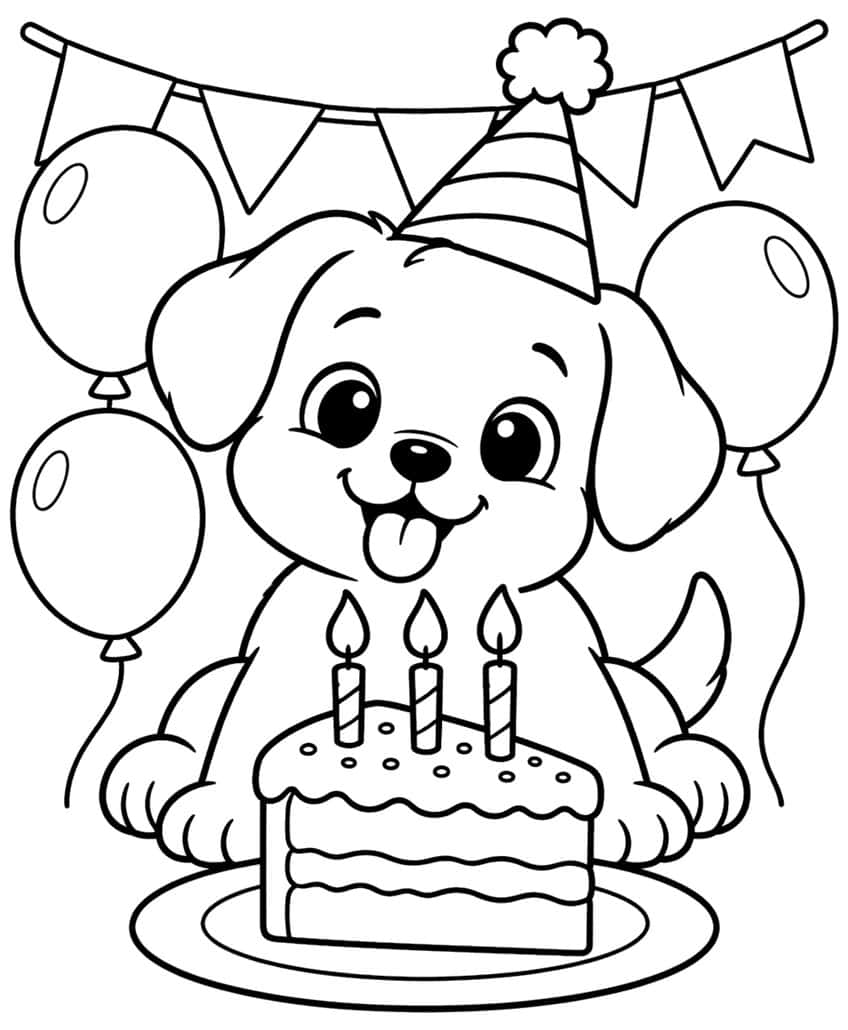 Puppy in a party hat with a birthday cake slice, three candles, balloons and bunting to color