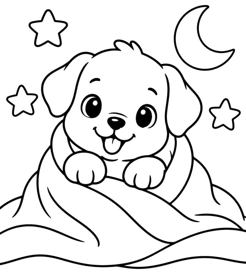 Puppy tucked under a blanket with a crescent moon and stars, coloring page