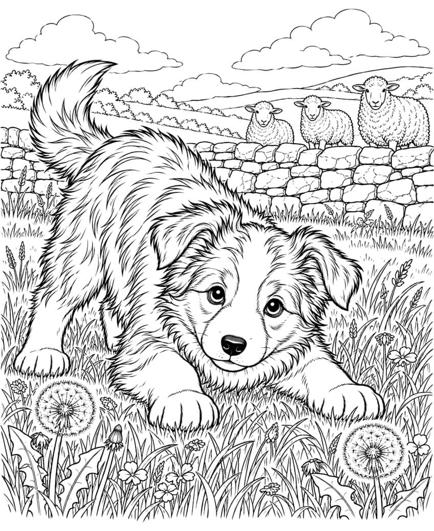 Coloring page of a Border Collie puppy crouching in a meadow with sheep behind a stone wall