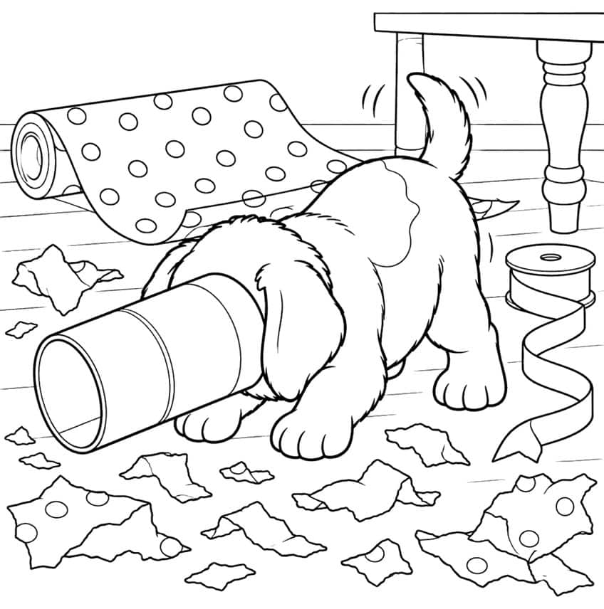 Coloring page of a puppy with its head stuck in a cardboard tube among torn wrapping paper
