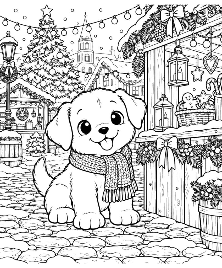 Coloring page of a puppy in a knitted scarf at a snowy Christmas market with a tree and stalls