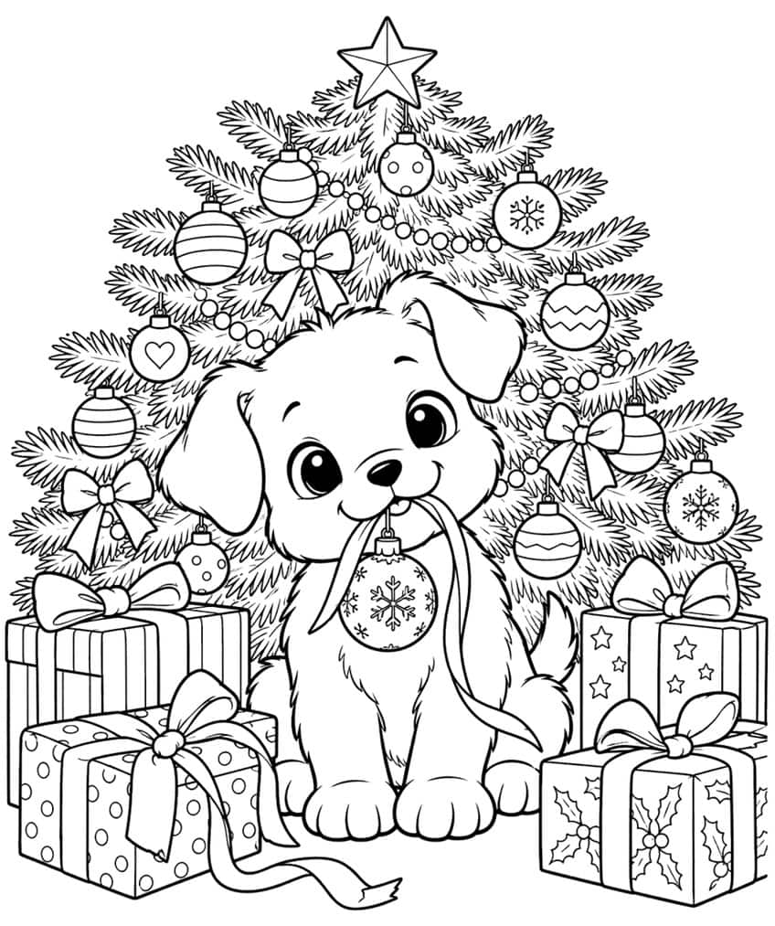 Coloring page of a puppy holding an ornament under a Christmas tree surrounded by gifts