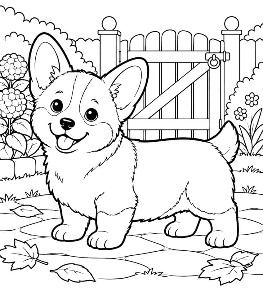 Corgi puppy coloring page with a wooden gate, hydrangeas and fallen leaves on a stone path