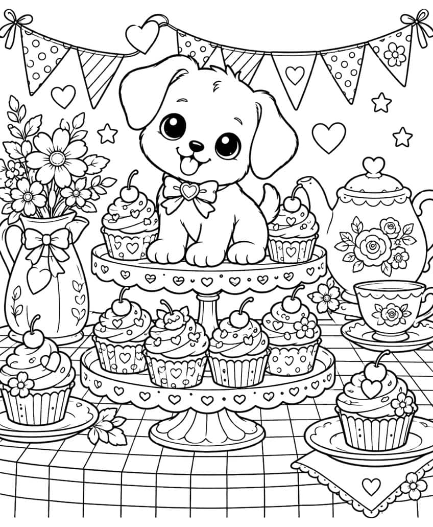 Coloring page of a puppy on a cupcake stand with a teapot, flowers and party bunting