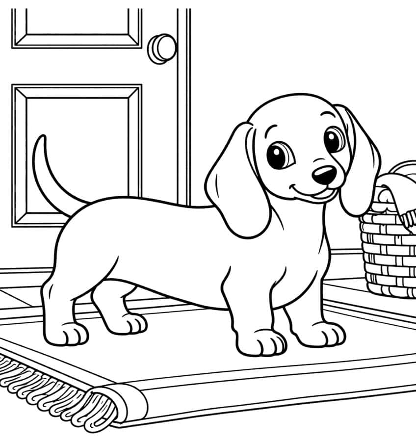 Coloring page of a dachshund puppy standing on a fringed rug by a door and a woven basket
