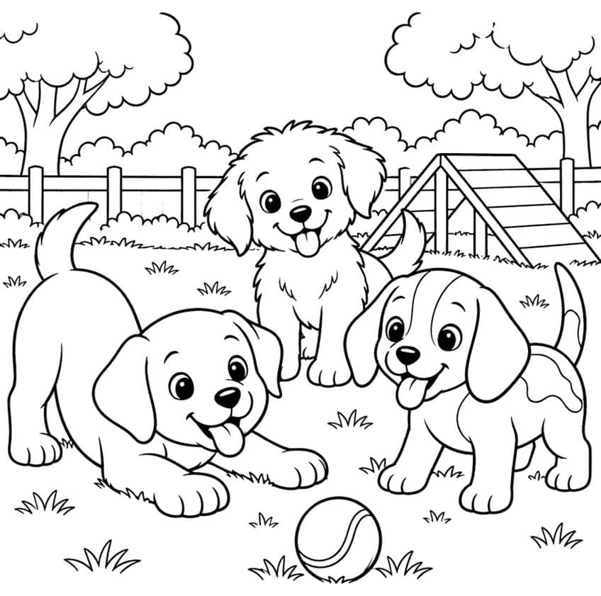 Coloring page of three puppies with a tennis ball in a dog park with a fence, agility ramp and trees