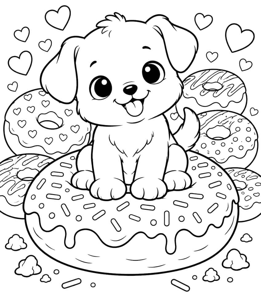 Coloring page of a cute puppy sitting on a large sprinkled donut surrounded by donuts and hearts