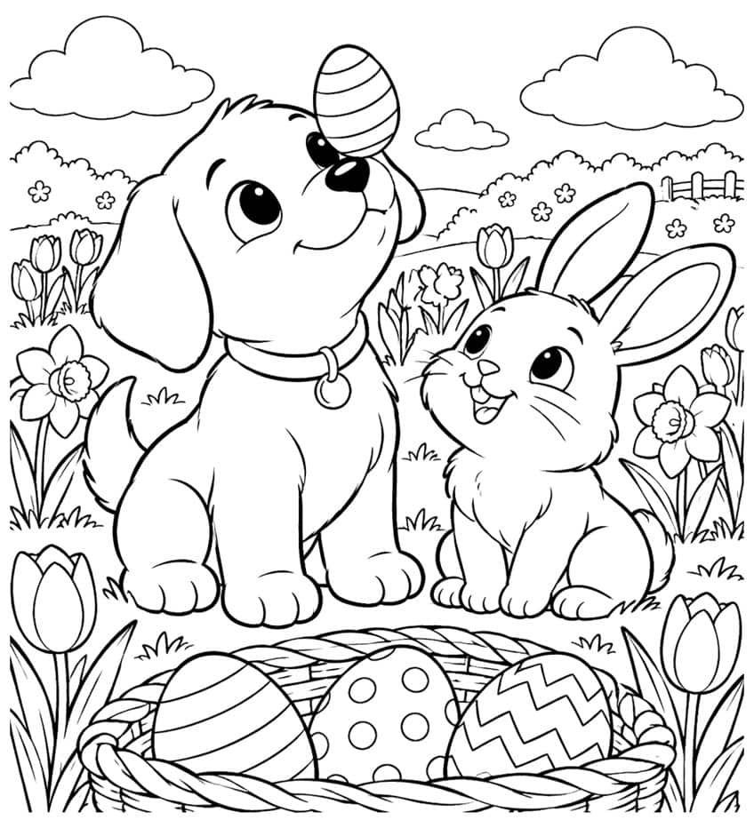 Coloring page of a puppy balancing an Easter egg on its nose next to a bunny and an egg basket