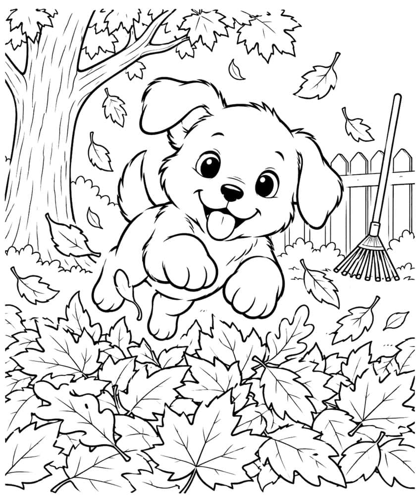 Puppy coloring page with a puppy jumping into fall leaves beside a tree, rake, and fence