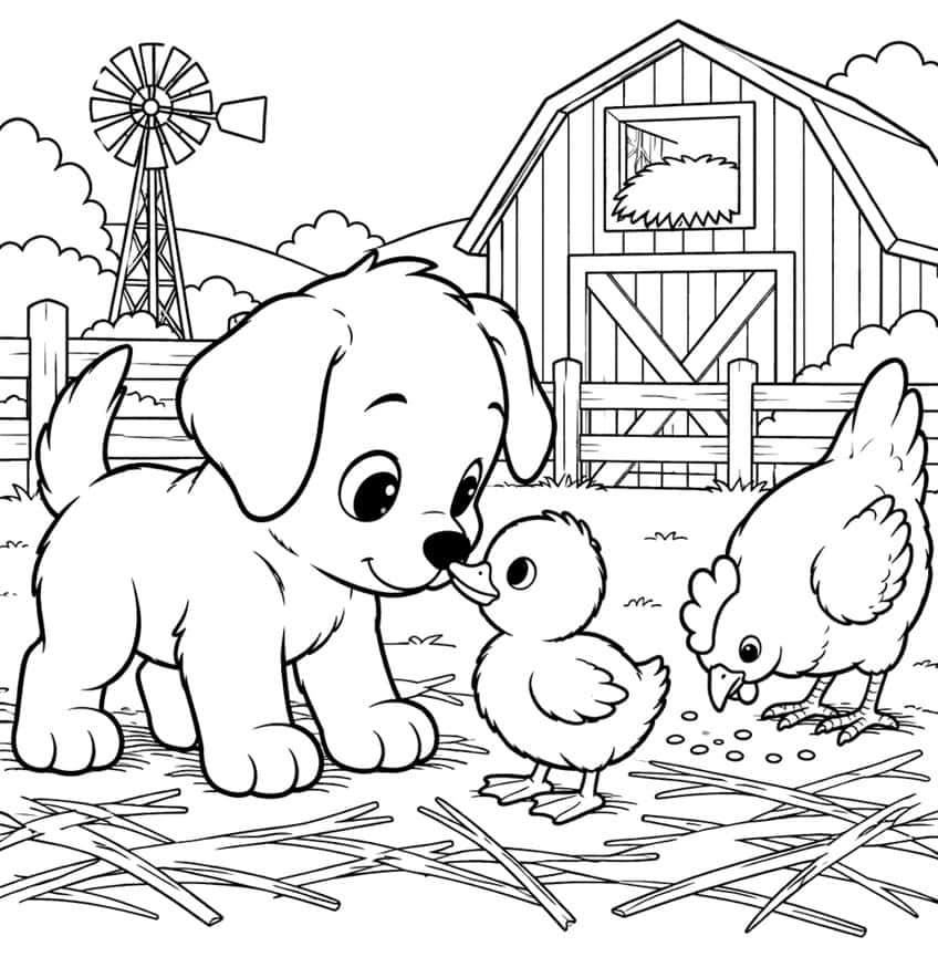 Coloring page of a puppy nose to nose with a duckling, a hen, barn, fence and windmill