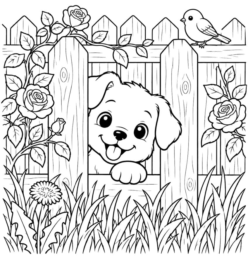 Coloring page of a puppy peeking through a wooden fence with roses, a bird and tall grass